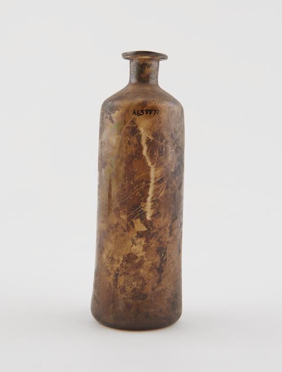 Clear glass bottle, iridescent, cylindrical