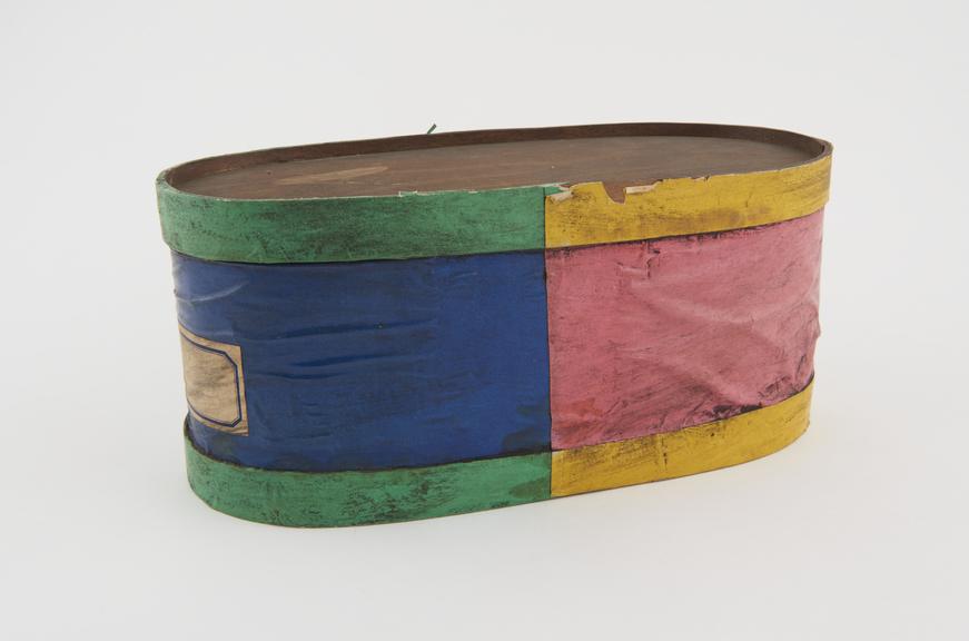 Wooden herb box covered with coloured paper, possibly Turkish