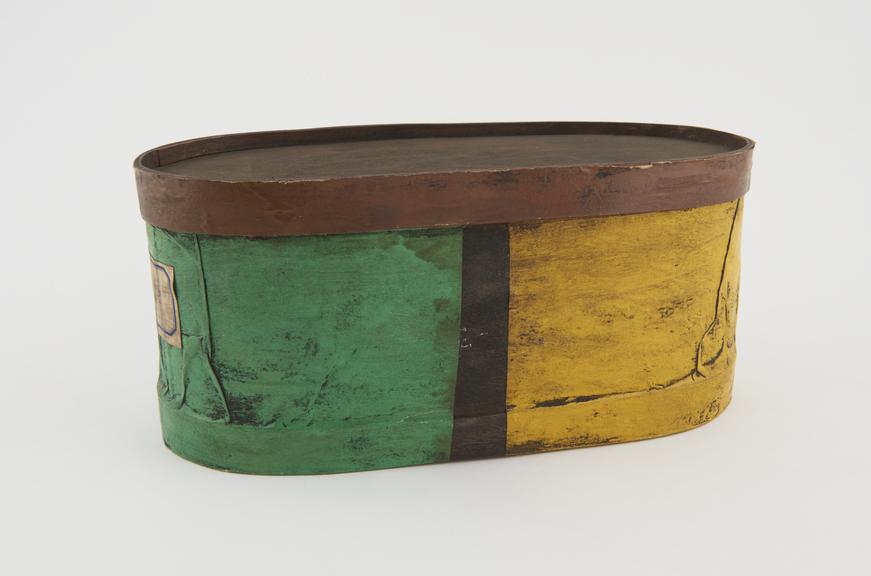 Wooden herb box, covered with coloured paper, possibly Turkish