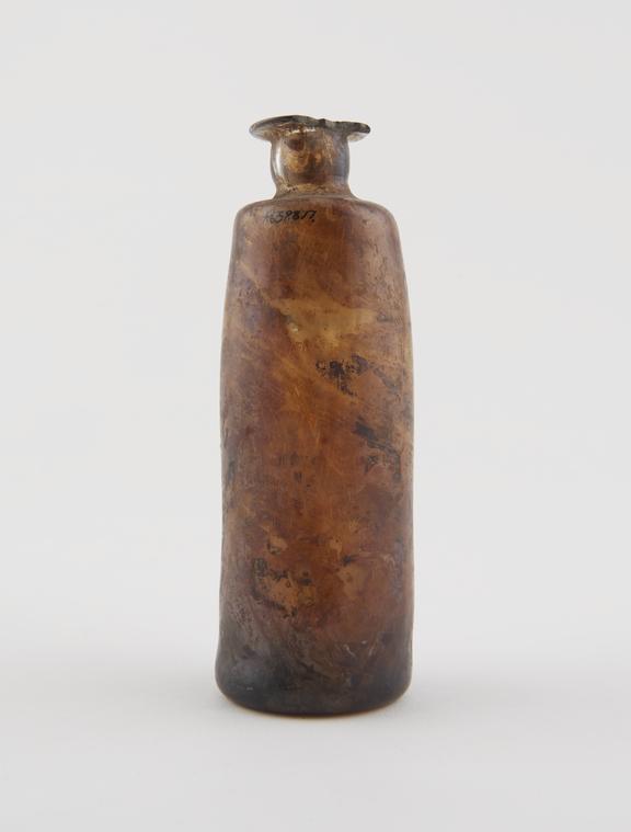 Clear glass bottle, iridescent, cylindrical