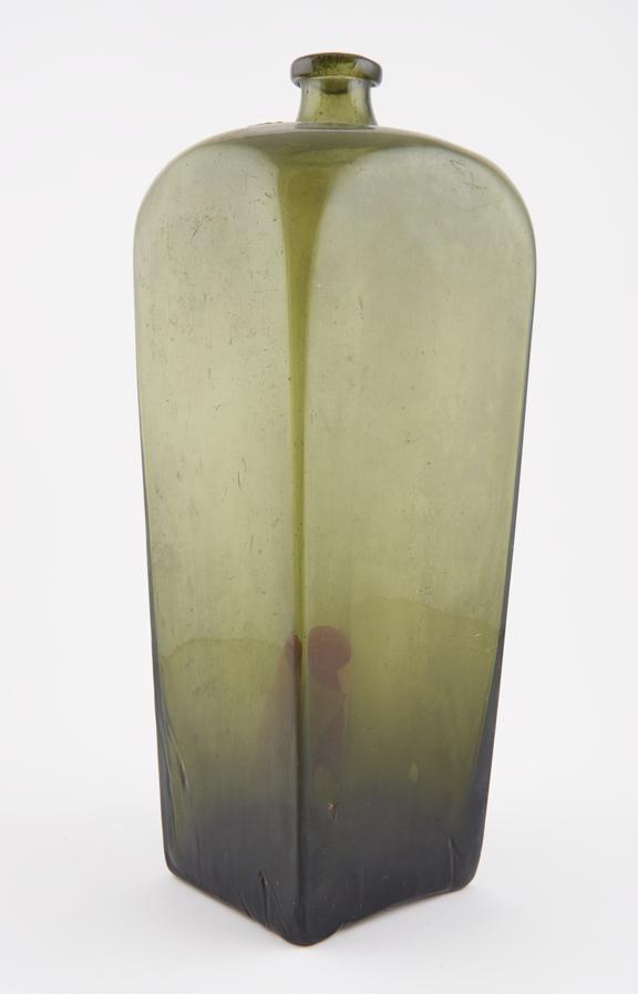 Square bottle, green glass, empty, probably English, 1750-1850