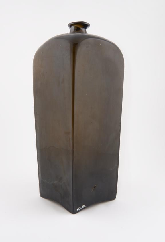 Square bottle, amber glass, empty, probably English, 1801-1860