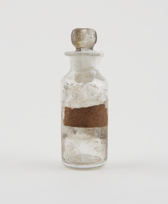 Small bottle, clear glass, trace contents, English, 1840-1900