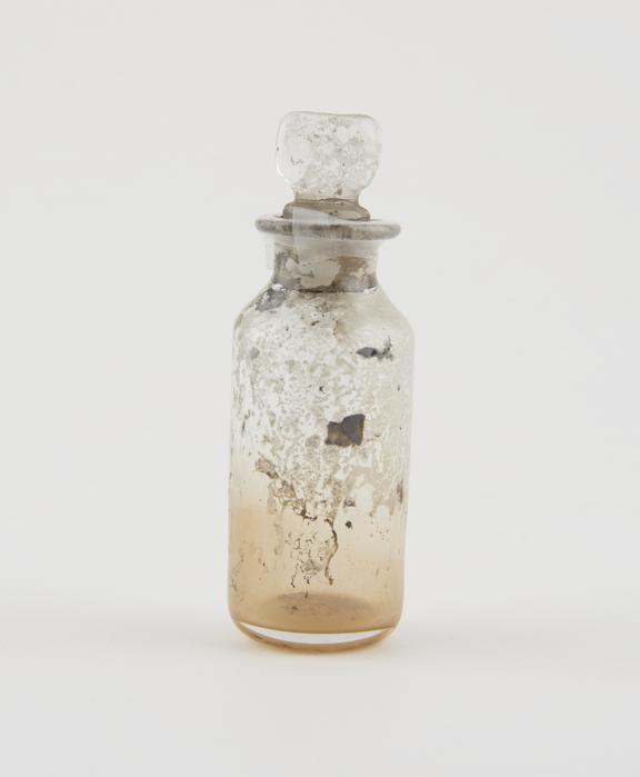 Small bottle, clear glass, trace content, English, 1840-1900