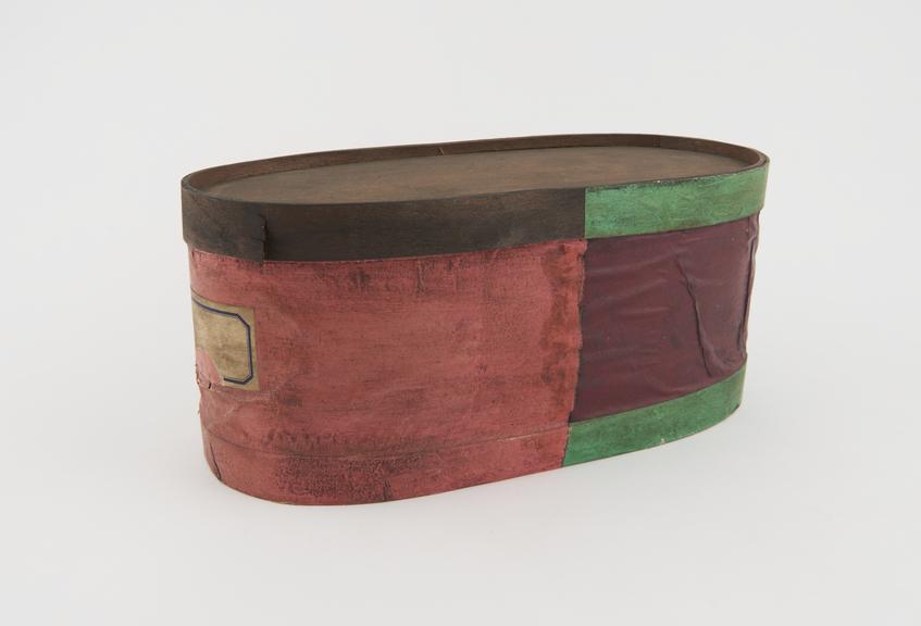 Wooden herb box covered in coloured paper, possibly Turkish