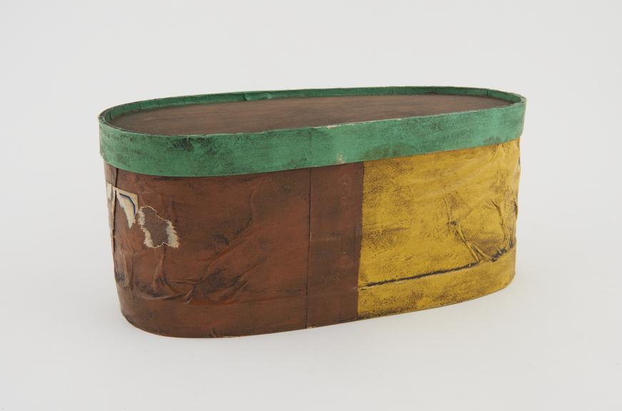 Wooden herb box, covered with coloured paper, possibly Turkish