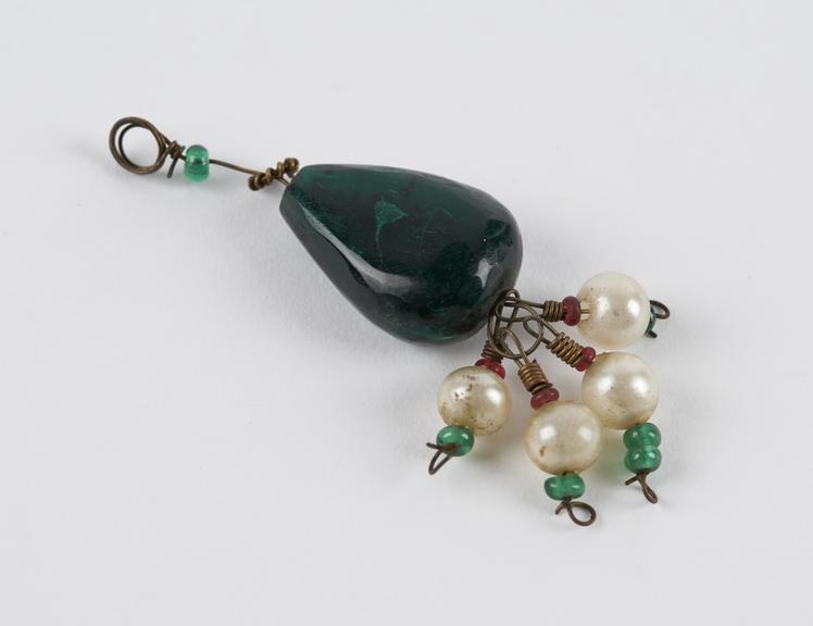 Glass earring, green drop shaped