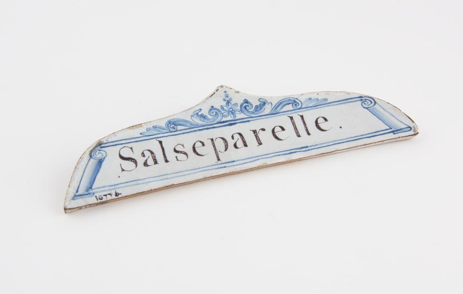 Tin glazed earthenware drawer label, inscribed salseparelle'