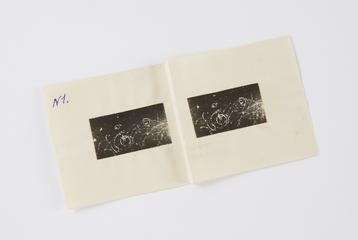 Stereoscopic pair of black and white photographic prints, mounted on paper, marked 'N1', showing recoil electrons produced in air by the gamma-rays from radium C