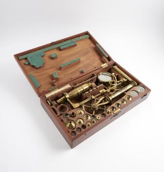 Adams 'Variable' microscope with accessories in fitted mahogany case