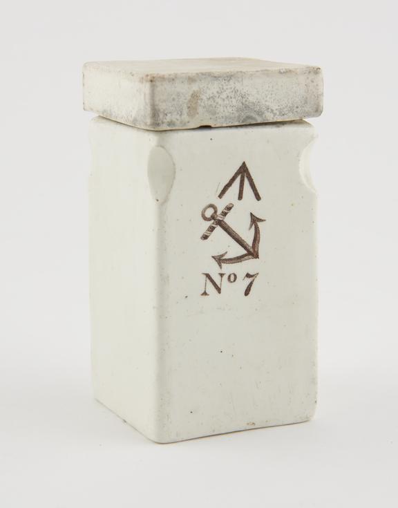 Square glazed white earthenware jar with lid, anchor