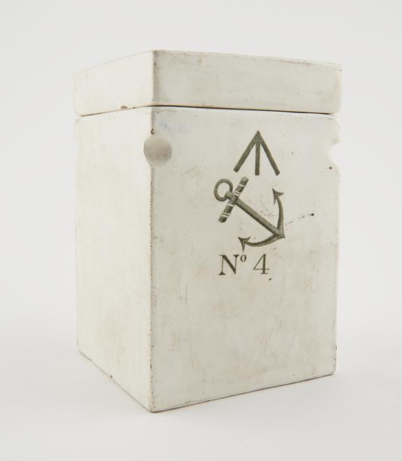 Square glazed white earthenware jar with lid, anchor