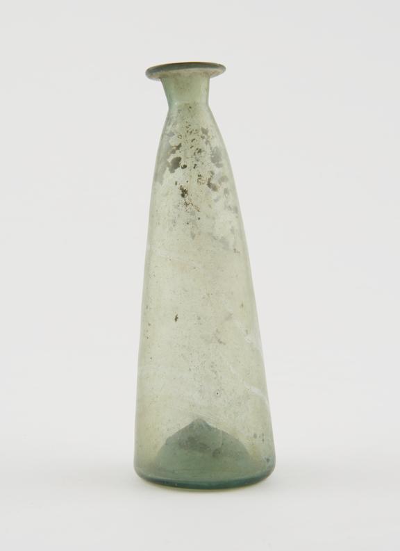 Glass flask, pale green, conical body, short cylindrical rack