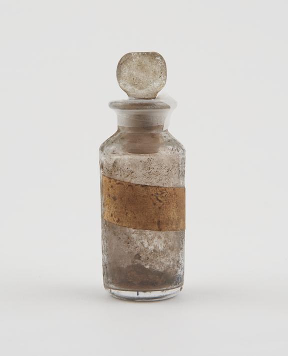 Small bottle, clear glass, trace content, English, 1840-1900