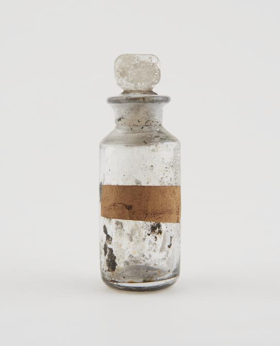 Small bottle, clear glass, trace content, English, 1840-1900