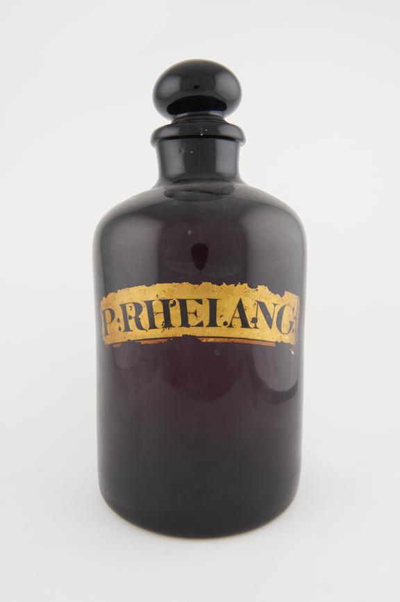 Pharmacy bottle, amethyst glass, used for rhubarb powder