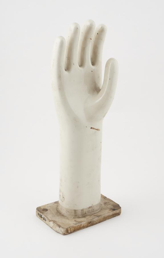 White, hollow, glazed ceramic rubber glove mould, right hand