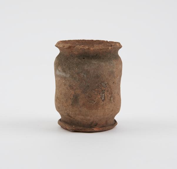 Earthenware dispensing pot, unglazed, albarello shape