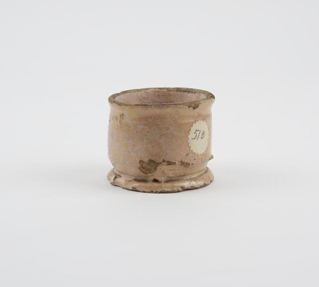 Earthenware dispensing pot, tin-glazed, London, 1630-1670