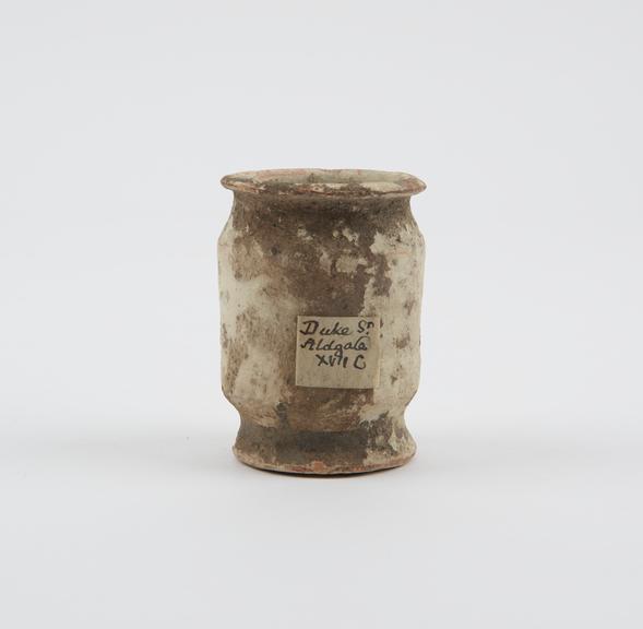 Earthenware dispensing pot, unglazed, albarello shape