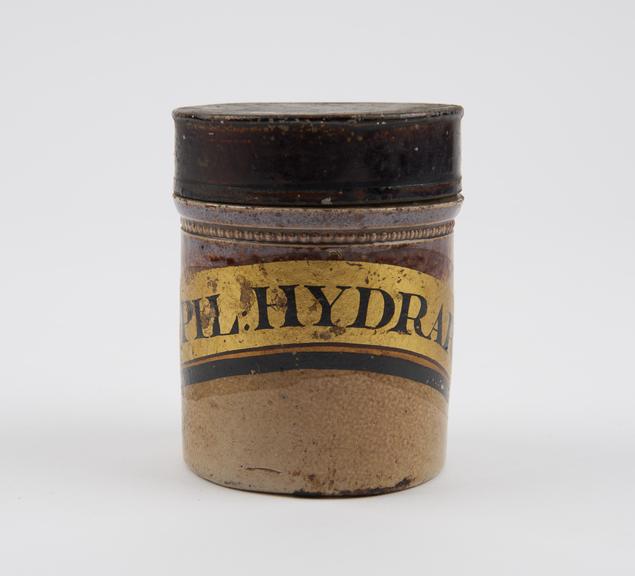 Dispensing pot, stoneware, glazed, with lid, for mercury pills