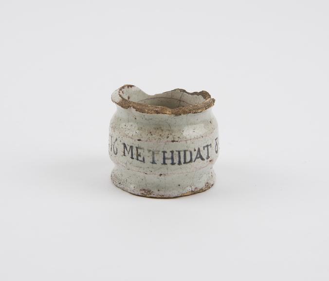 Tin-glazed earthenware dispensing pot, inscribed 16 METHIDAT 84