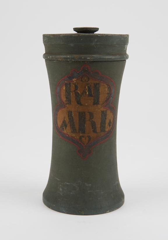 Green herb box, cylindrical with tapering waist, wooden