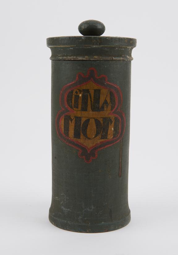 Green wooden herb box, with lid, albarello-shaped
