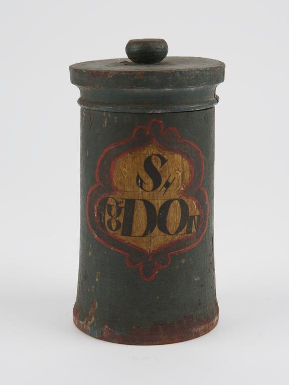 Green wooden herb box, with lid, cylindrical, empty