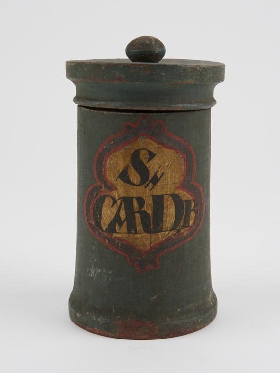 Green wooden herb box, with lid, cylindrical, empty