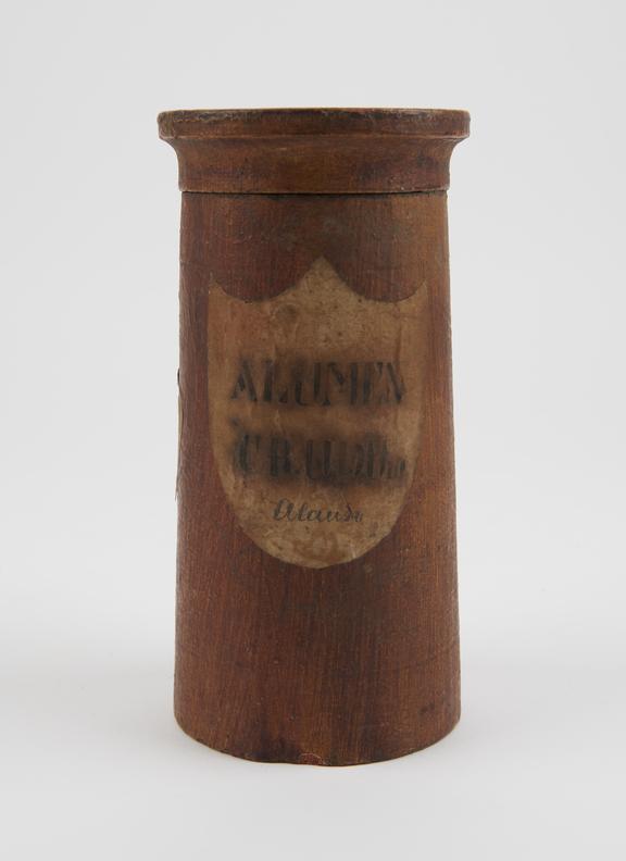 Wooden drug jar, used for either ferrous sulphate or crude alum