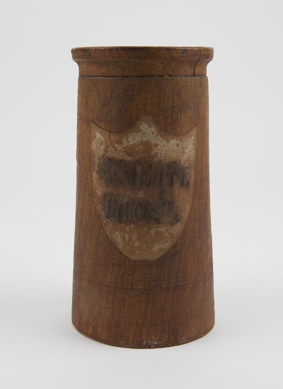 Wooden drug jar, used for parsley seeds, probably Swiss