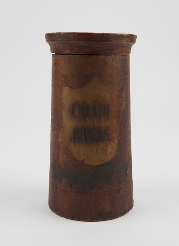 Turned wooden herb box, varnished, albarello-shaped, European