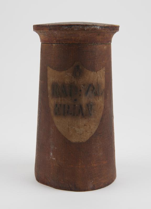 Cylindrical, brown-painted, wooden herb box with lid, empty