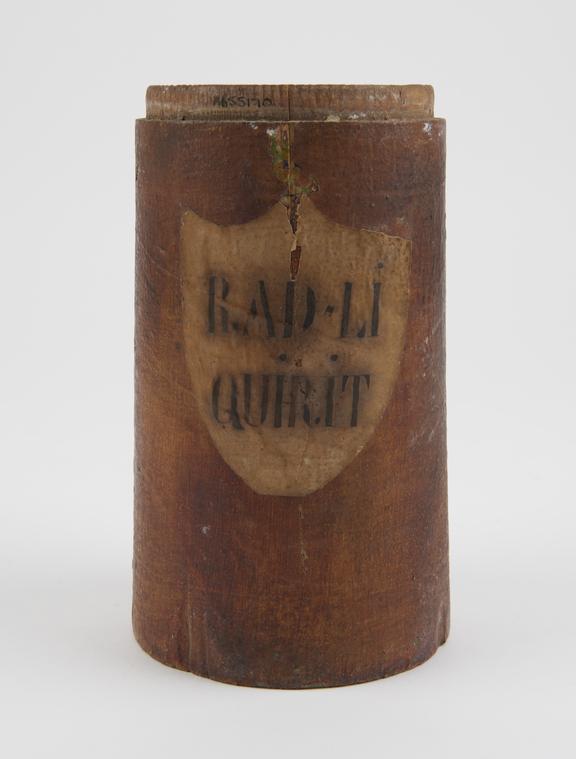 Cylindrical, brown painted wooden herb box, lid missing, empty