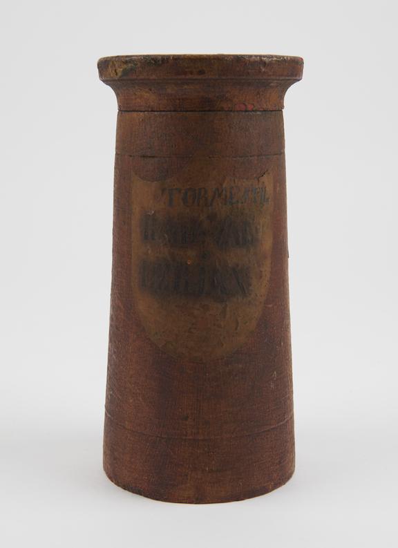 Turned wooden herb box with lid, albarello-shaped, varnished