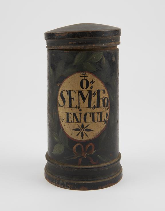 Wooden drug jar, used for fennel seeds, probably Swiss