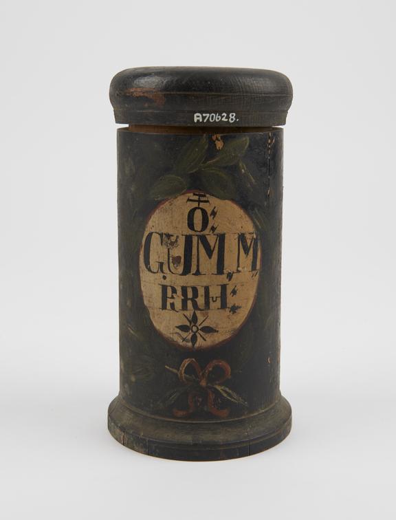 Wooden drug jar, used for myrrh gum, probably Swiss, 1770-1830