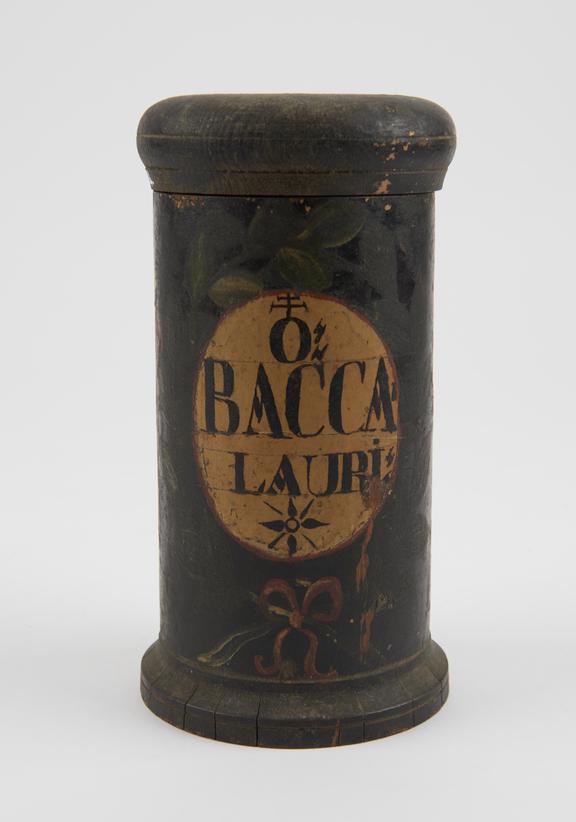 Wooden drug jar, used for bay-laurel berries, probably Swiss