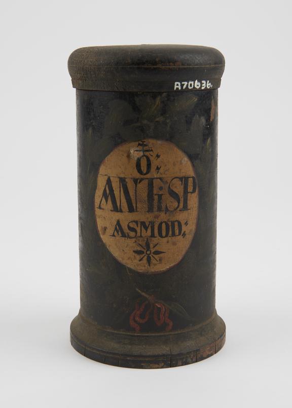 Wooden drug jar, used for unidentified drug, probably Swiss