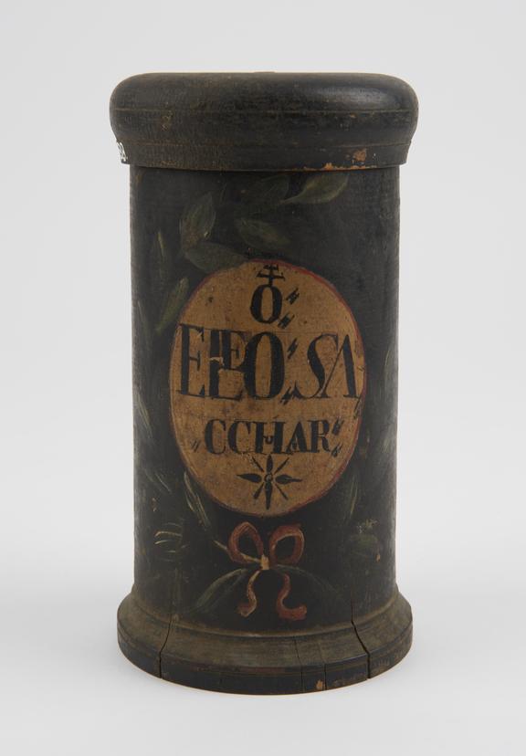 Wood drug jar, used for sugar electuary, probably Swiss