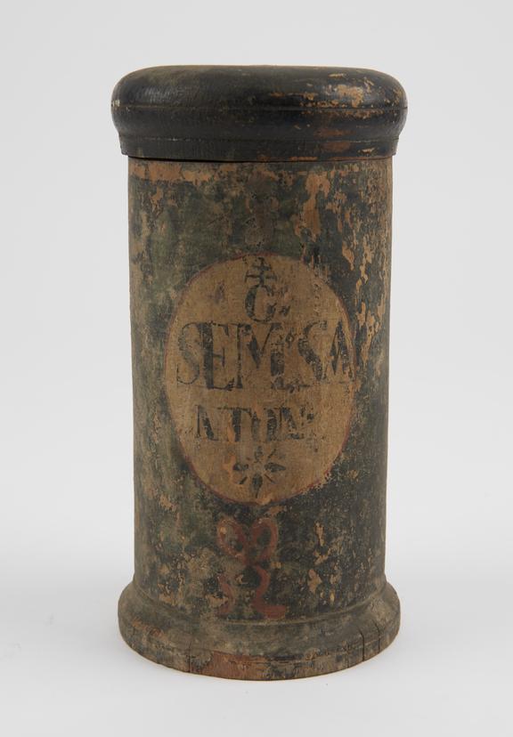 Wooden drug jar, used for wormseed seeds, probably Swiss