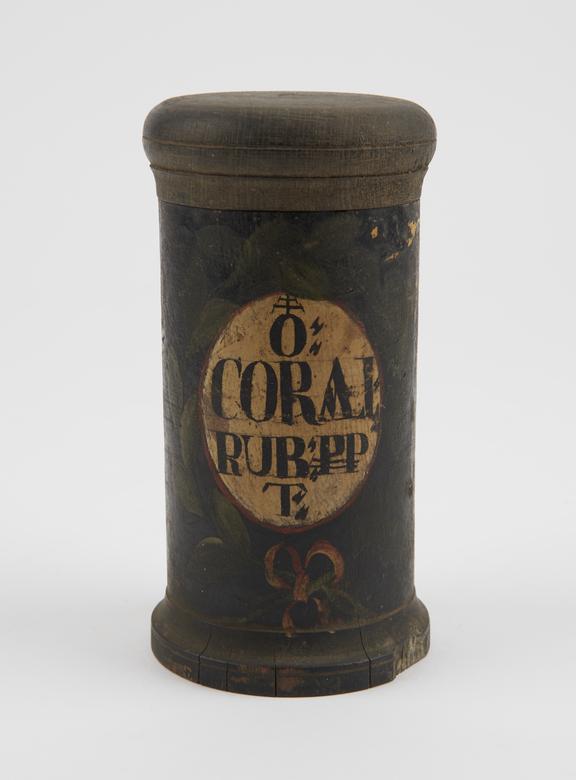 Wooden drug jar, used for red coral preparation, probably Swiss