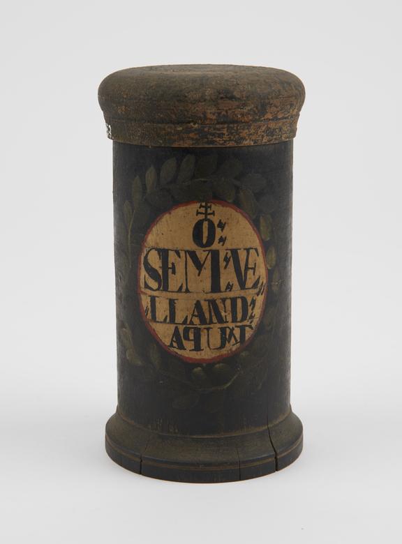 Wooden drug jar, used for unidentified drug, probably Swiss