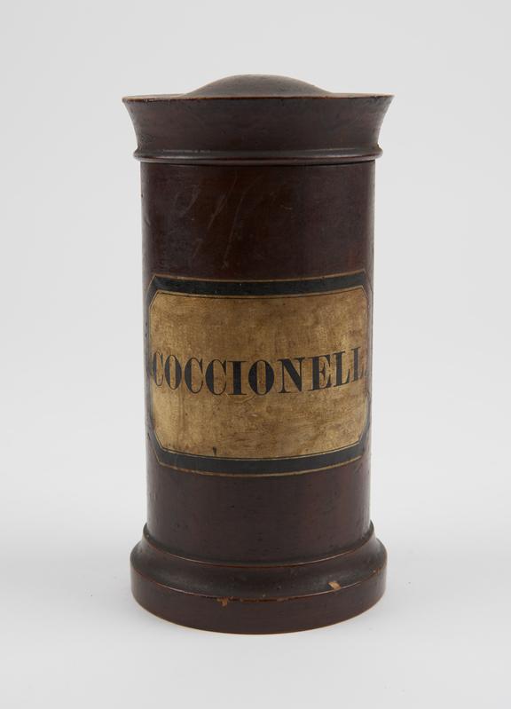 Storage jar, wood, varnished, for cochineal, European