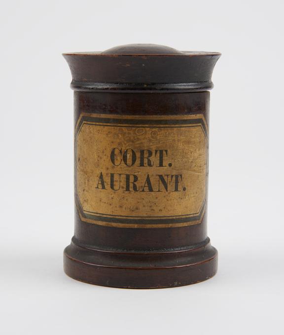 Storage jar, wood, varnished, for dried bitter-orange peel