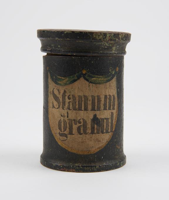 Storage jar, wood, painted, for tin granules, Hungarian