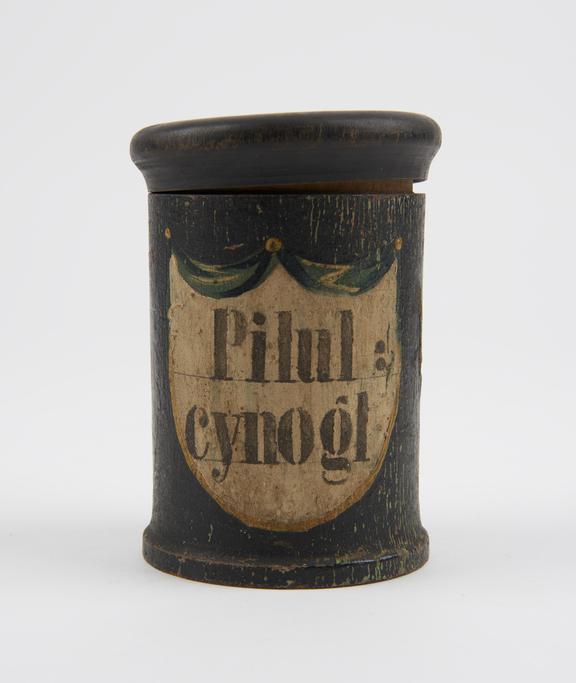 Cylindrical wooden herb box for hound's tongue pills, painted