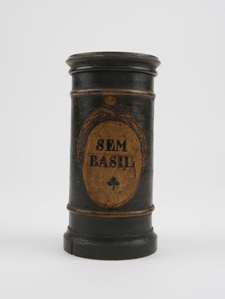 Turned wooden cylindrical herb box with circular lid