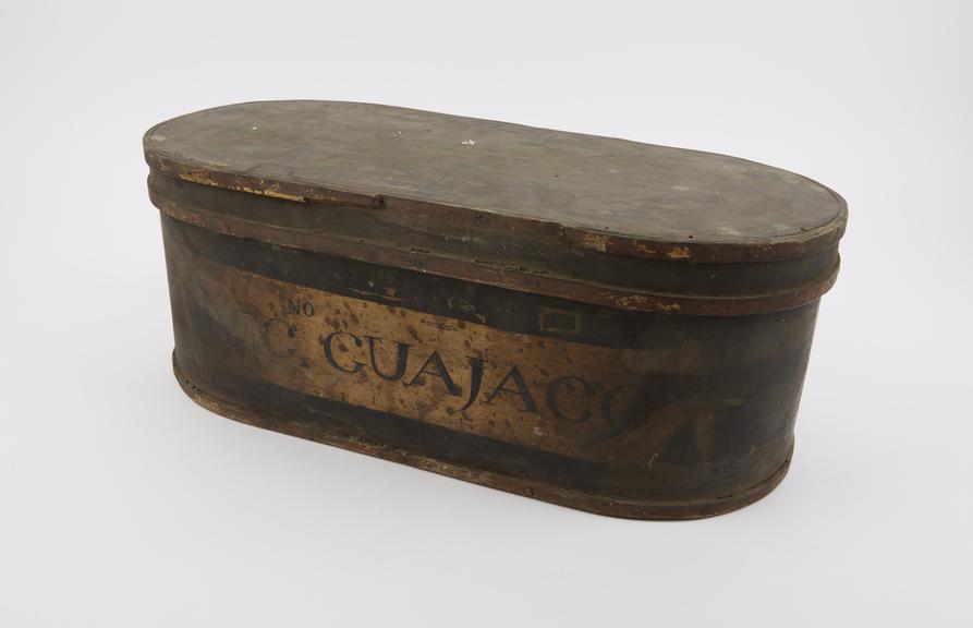 Oblong wooden herb box, with lid, originally painted